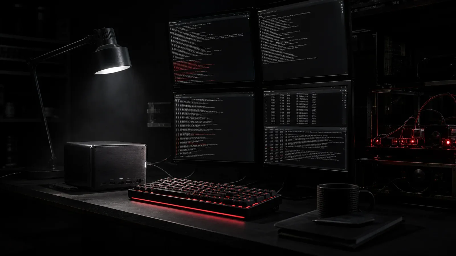 Bancada de desenvolvimento em ambiente escuro com múltiplos monitores exibindo compilação e diagnóstico de runtime Python com iluminação de acento em vermelho carmim