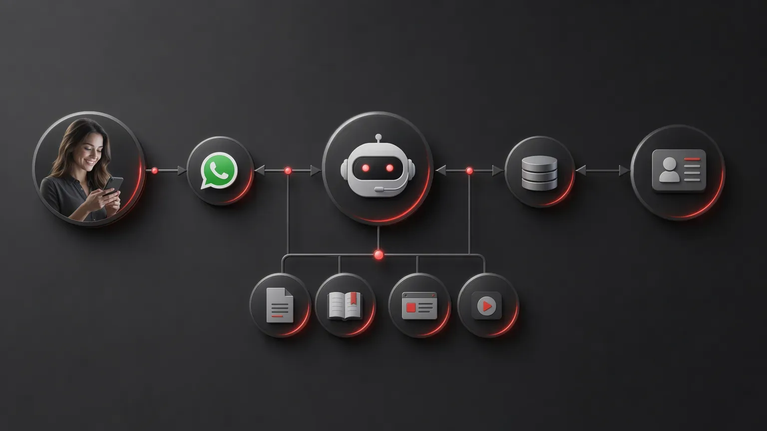 Diagrama de operação de atendimento no WhatsApp com IA, base de conhecimento e CRM em fluxo único