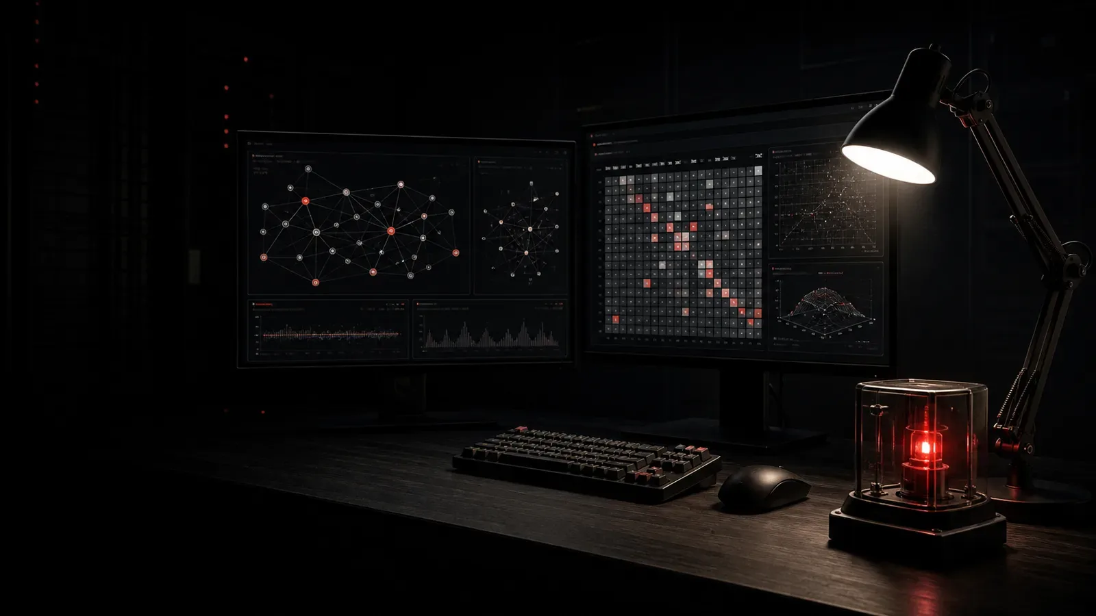 Console de análise de ciência de dados de marketing em sala de operações escura com monitores exibindo matrizes de atribuição e luminária acesa sobre a bancada