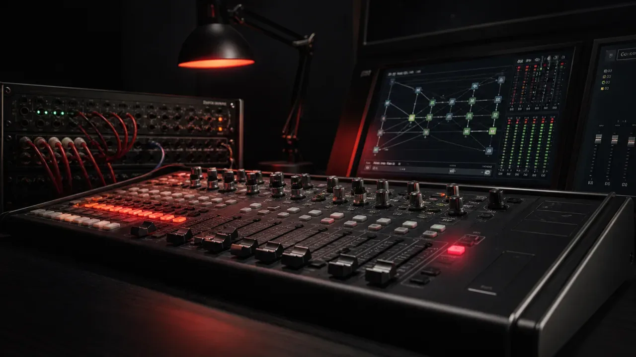 Setup de console digital de broadcast e ponte de rede de áudio sobre IP no estúdio