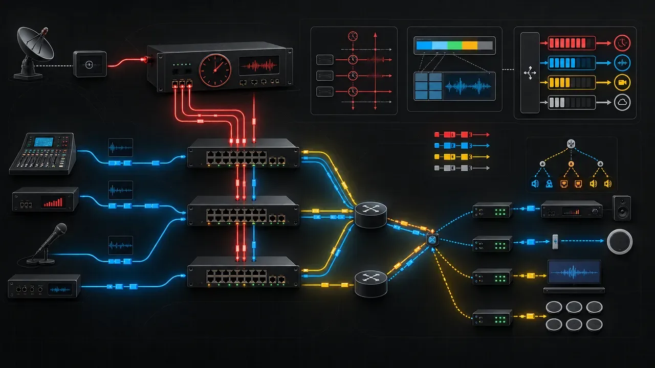 Diagrama técnico de engenharia de redes AoIP com arquitetura PTP, filas QoS e roteamento multicast