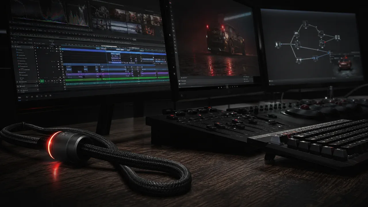 Bancada de pós-produção com monitores de edição e equipamentos de processamento