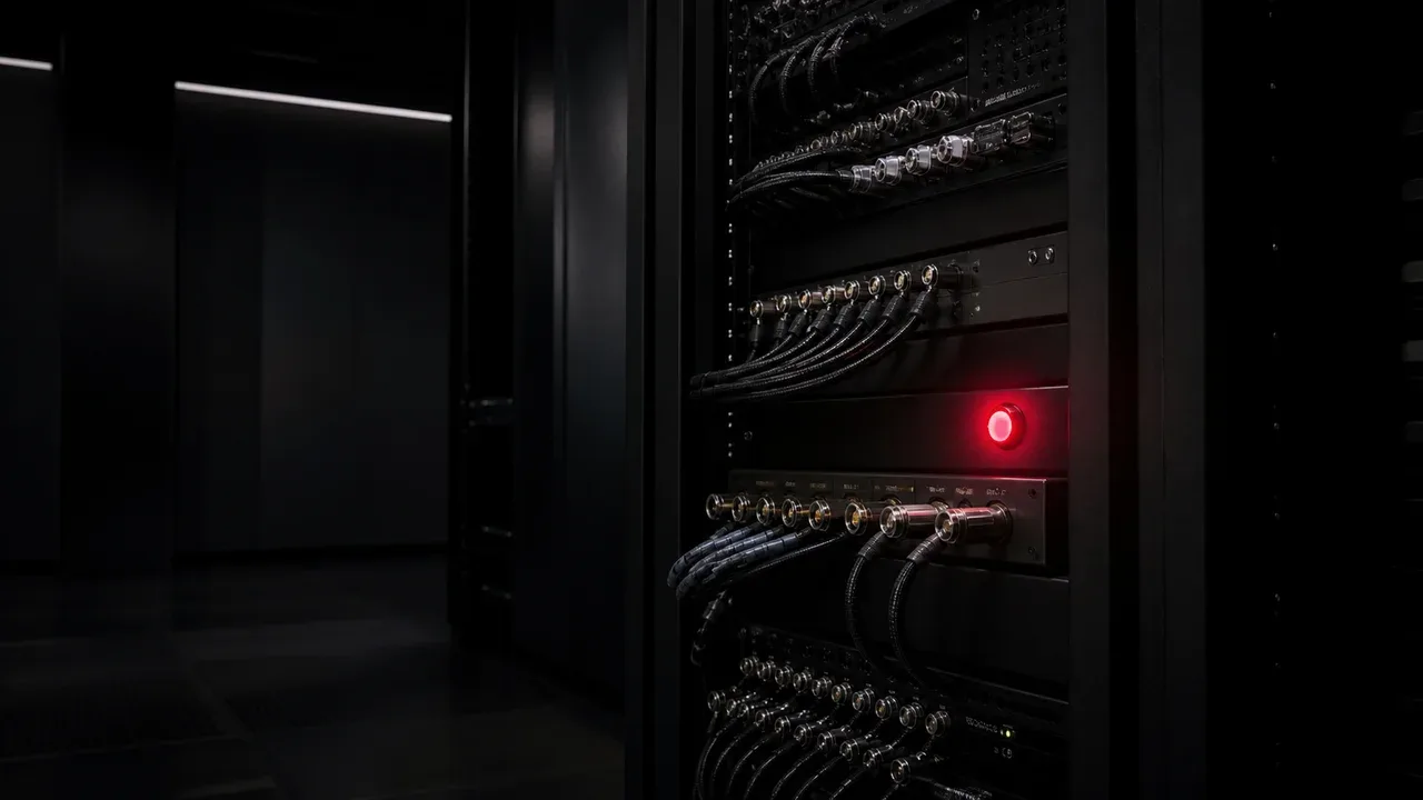 Rack de servidores e módulos de telemetria em sala escura com cabos coaxiais e sinalizador carmim aceso