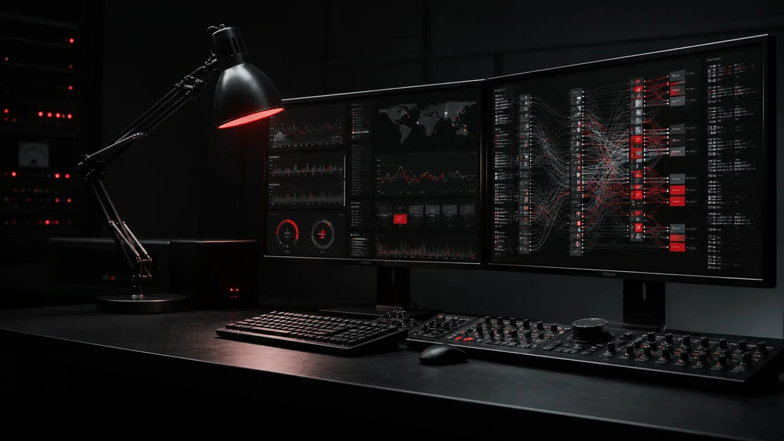 Bancada de auditoria de performance de tráfego pago com monitores exibindo fluxos de telemetria e diagnósticos de rastreamento server-side sobre superfície escura com iluminação focada