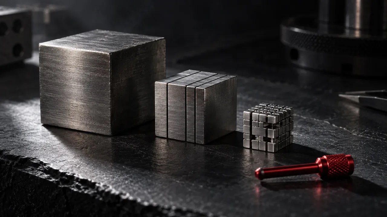 Fotografia macro de blocos de calibração em titânio com acabamento carmim ilustrando conceitos de compressão e quantização