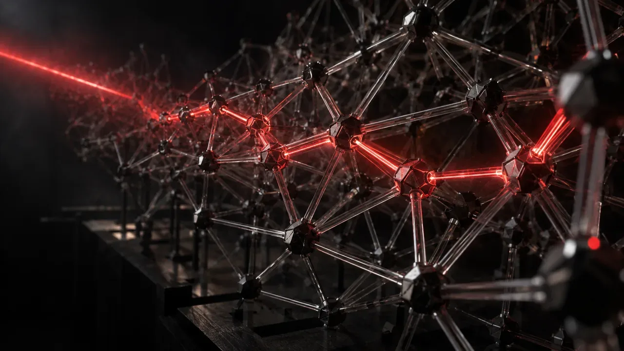 Modelo geométrico tridimensional iluminado em fundo escuro com feixe carmim destacando rota de navegação filtrada no grafo
