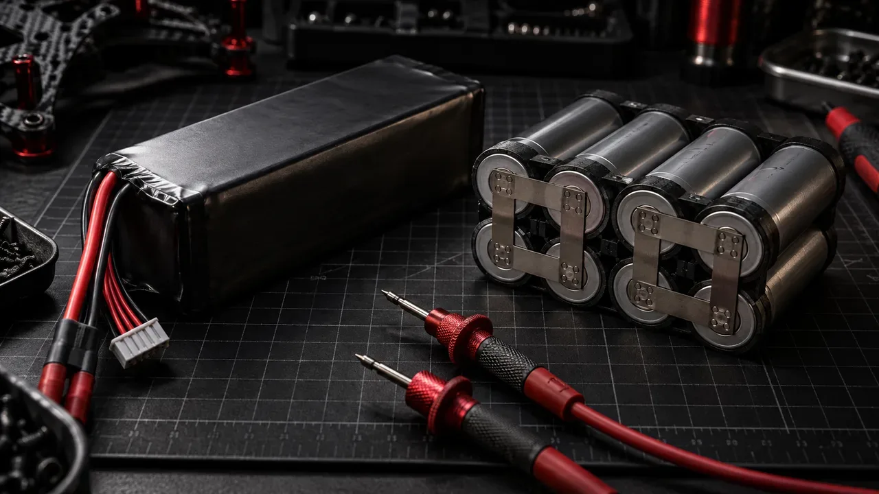 Comparativo técnico de bancada entre bateria LiPo 6S em bolsa plana e pacote cilíndrico de lítio íon 21700
