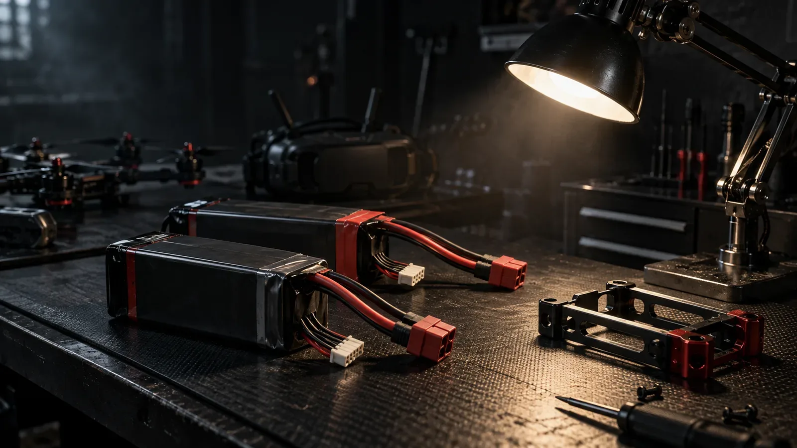 Dois conjuntos de baterias LiPo para drone FPV em bancada escura sob iluminação rasante
