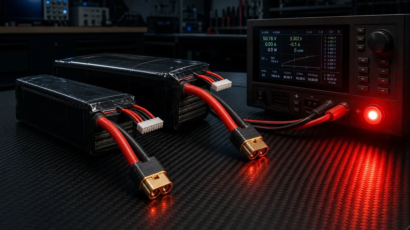 Bancada técnica de engenharia com baterias LiPo e Li-Ion de cinema FPV conectadas a analisador de carga