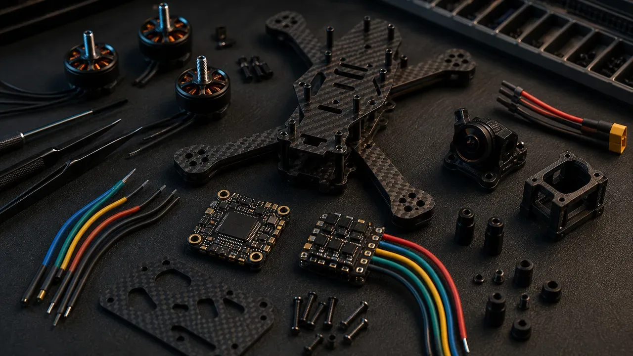 Componentes de build custom FPV organizados em bancada: frame, motores, ESC e controladora de voo