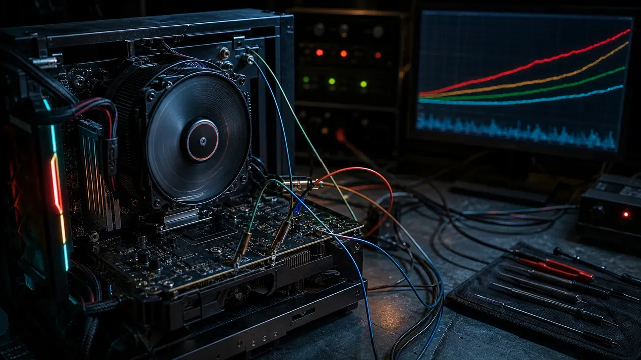 Bancada de burn-in com monitoramento de temperatura e stress test em execução