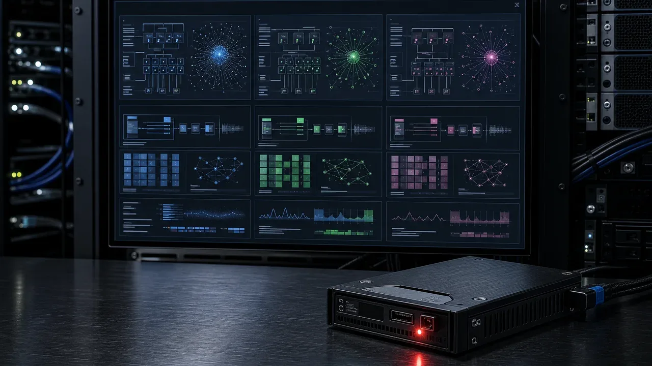 Console de datacenter exibindo comparativo arquitetural entre pgvector LanceDB e Qdrant com LED carmim