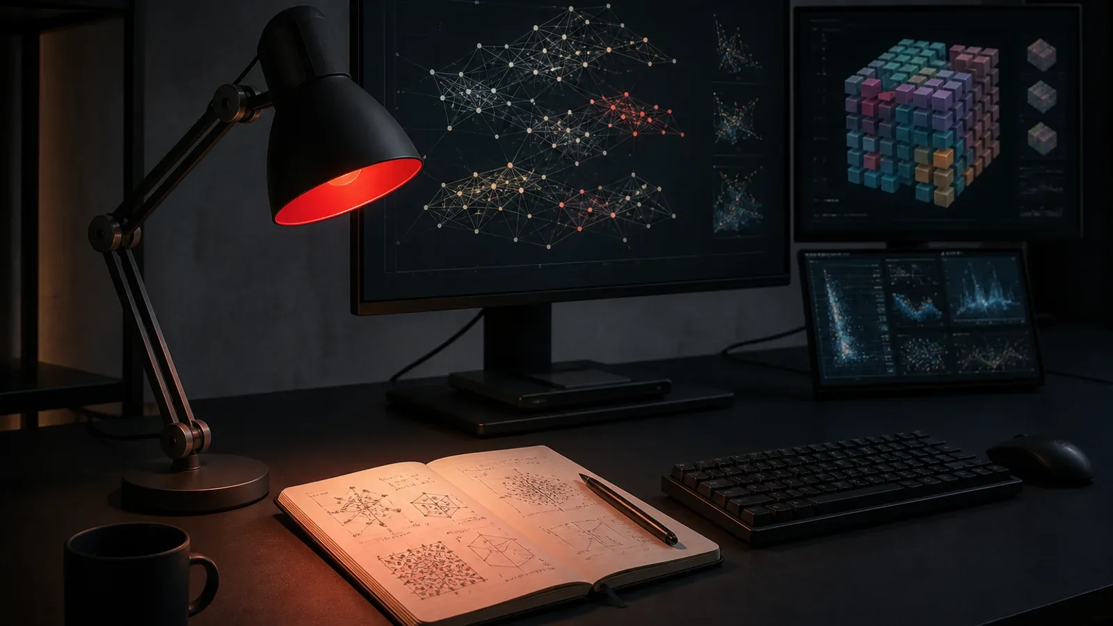 Bancada de engenharia de software com monitores exibindo grafos HNSW e luminaria com refletor carmim