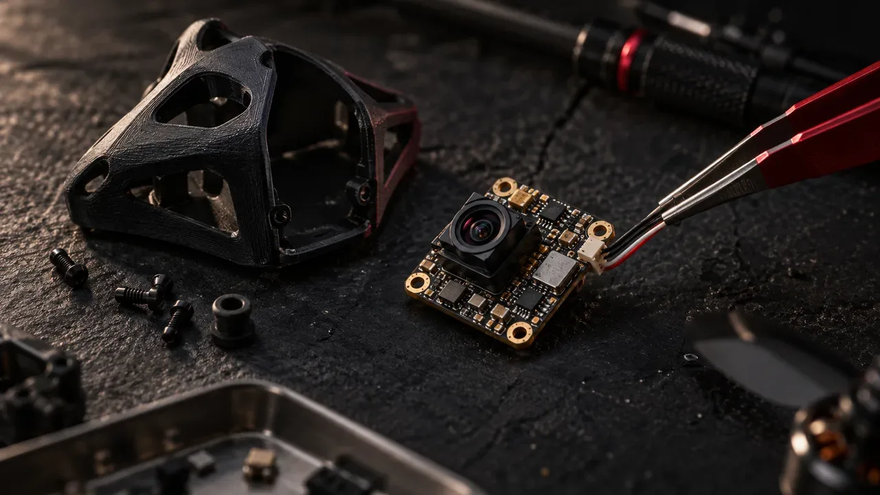 Placa de circuito impresso da micro câmera analógica exibindo ilhas de solda estanhadas e sensor CMOS sob luz rasante
