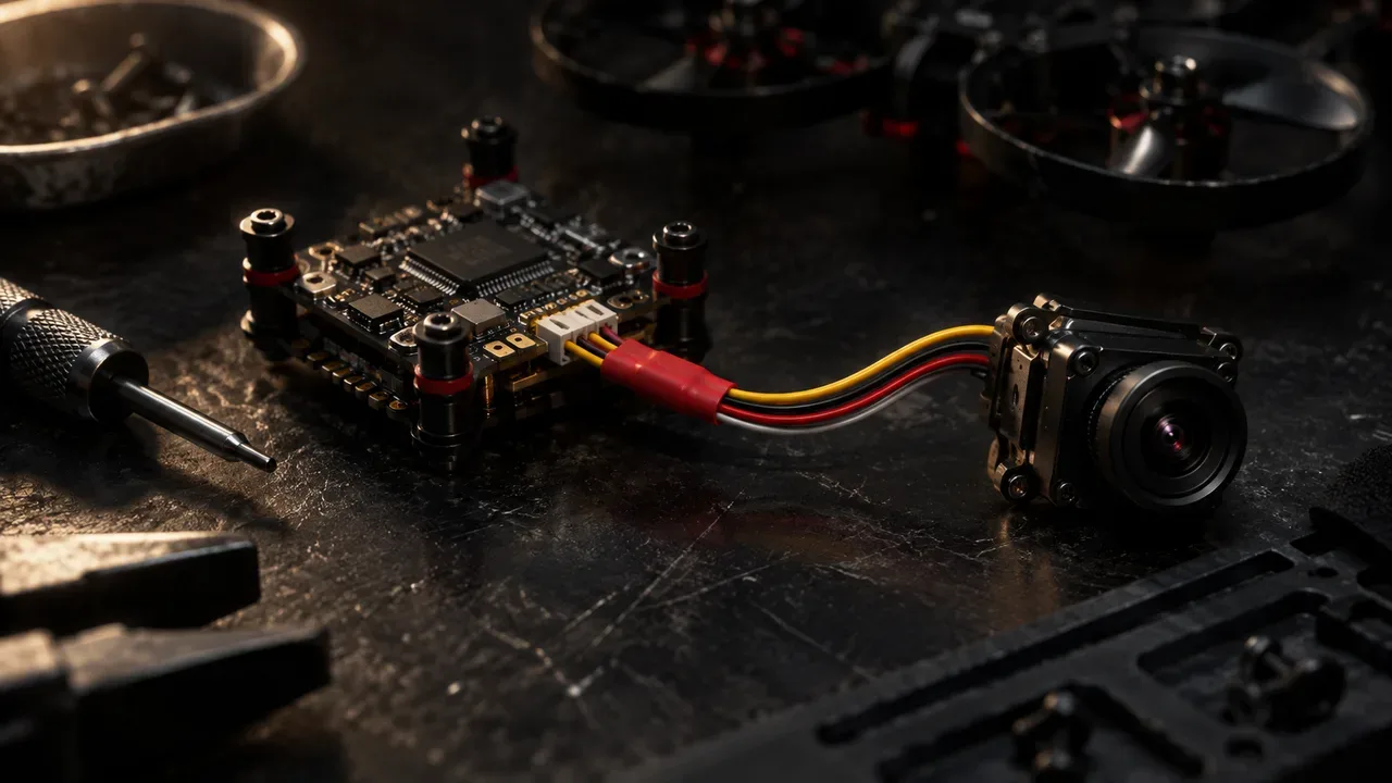 Esquema didático de ligação e cabeamento elétrico da micro câmera FPV com terminais estanhados e conector de telemetria