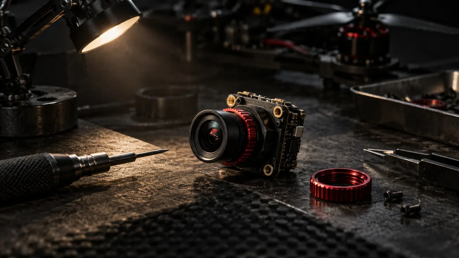 Micro câmera FPV analógica Caddx Ant repousada sobre bancada técnica escura de fibra de carbono ao lado de canopy em TPU