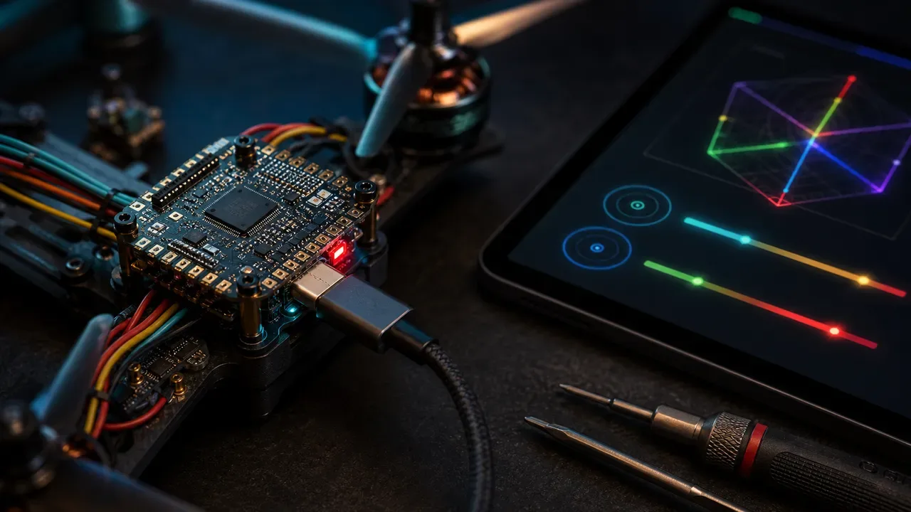 Controlador de voo de drone com aplicativo de calibração aberto em tablet ao lado