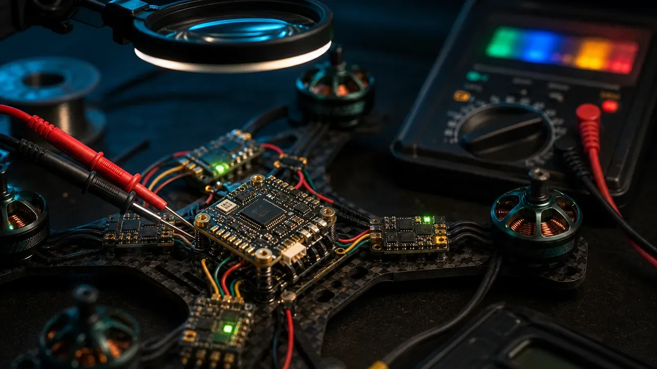Drone quad FPV desmontado em bancada com multímetro, mostrando controlador de voo e ESC expostos