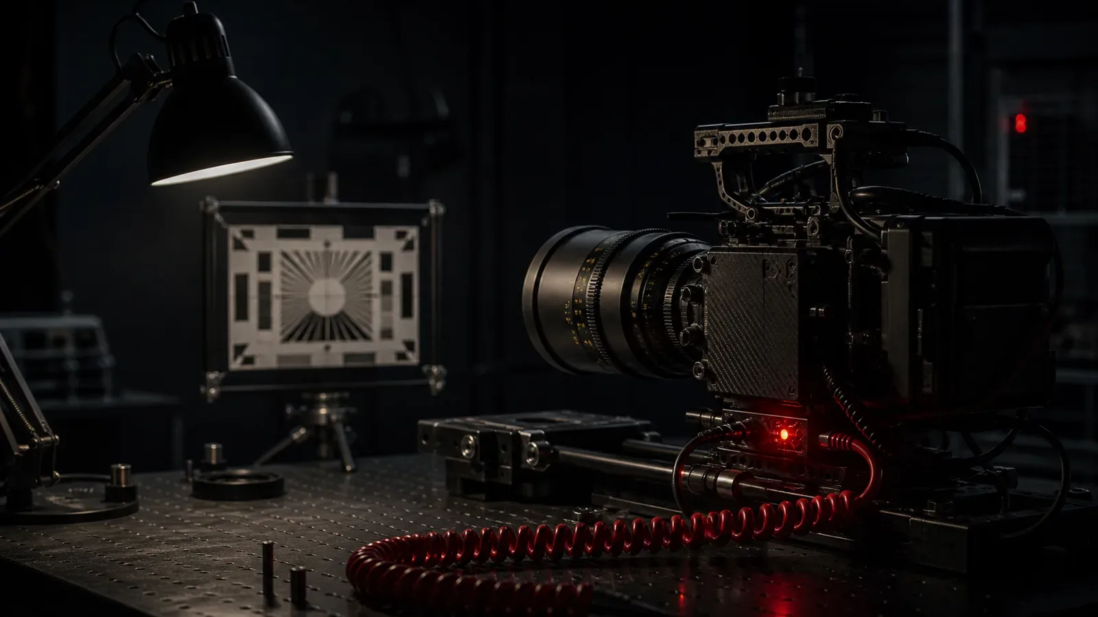 Bancada de calibração óptica de cinema FPV com câmera profissional apontada para padrão xadrez e monitor com luz carmim