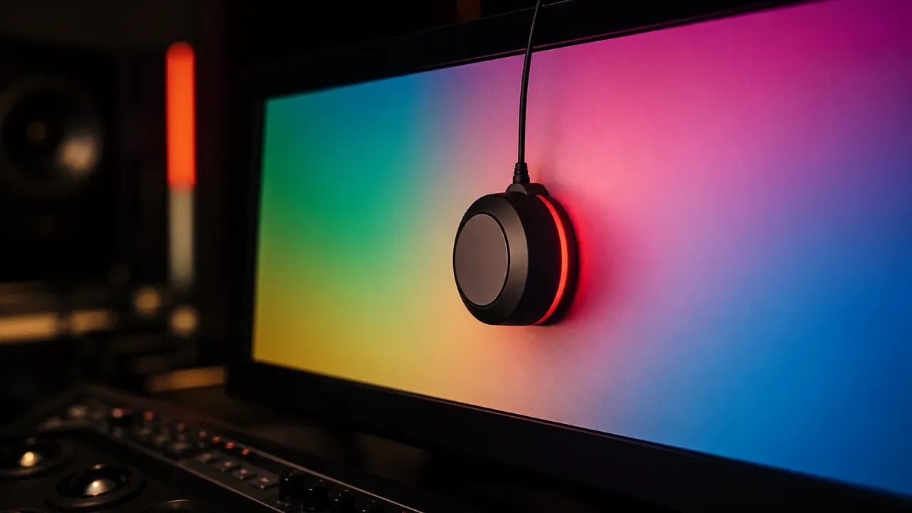 Colorímetro X-Rite apoiado em monitor de referência Eizo durante processo de calibração