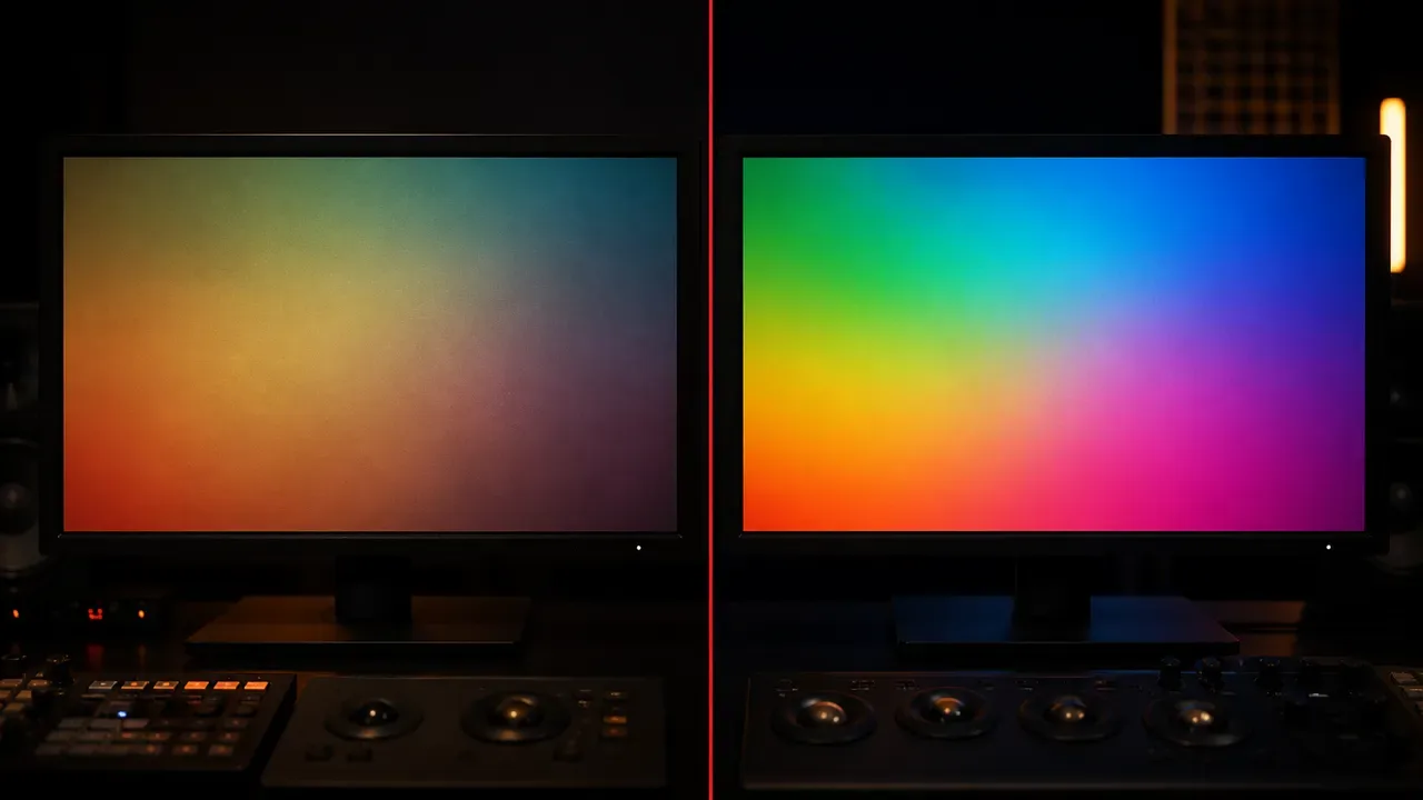 Comparativo visual de color grade aprovado em monitor calibrado vs reprodução em monitor não calibrado