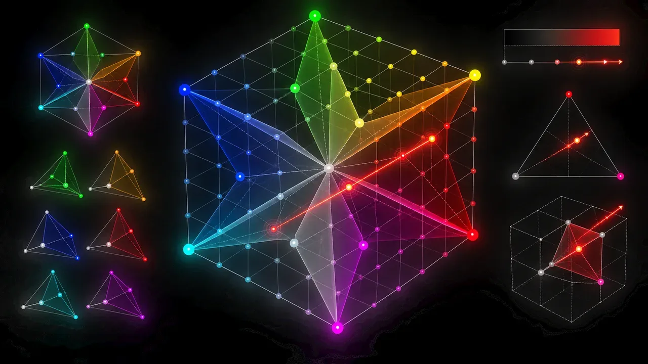 Esquema tridimensional de malha volumétrica cúbica 3D LUT com subdivisão geométrica em tetraedros e vetor de interpolação carmim