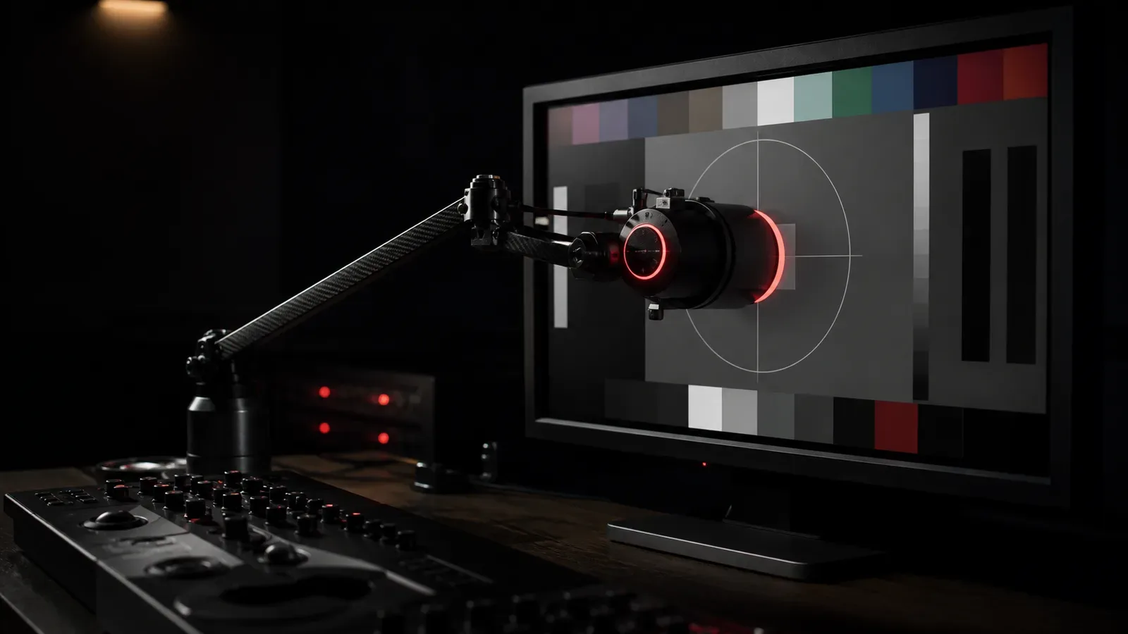 Suíte de color grading e masterização cinematográfica com monitor de referência Grade 1 e espectrorradiômetro óptico de precisão em tripé