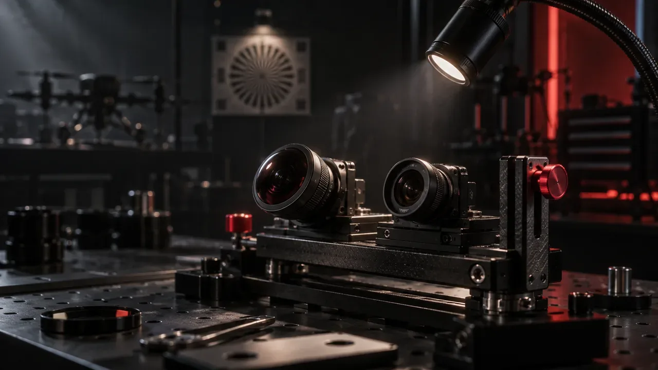 Bancada de calibração óptica com lentes FPV de 1.8 mm e 2.1 mm sob iluminação direcional