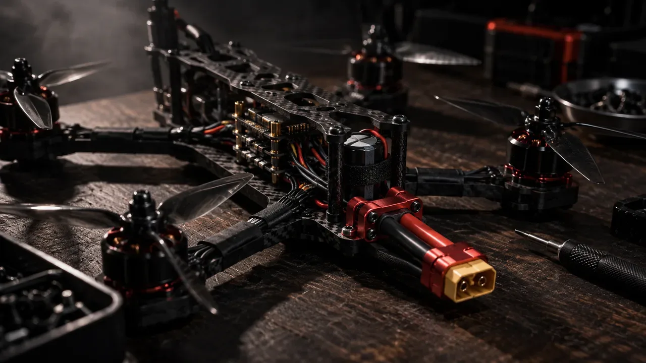 Visão detalhada de chassi de drone FPV com fiação de silicone 12AWG e capacitor fixado rente ao ESC sob iluminação suave