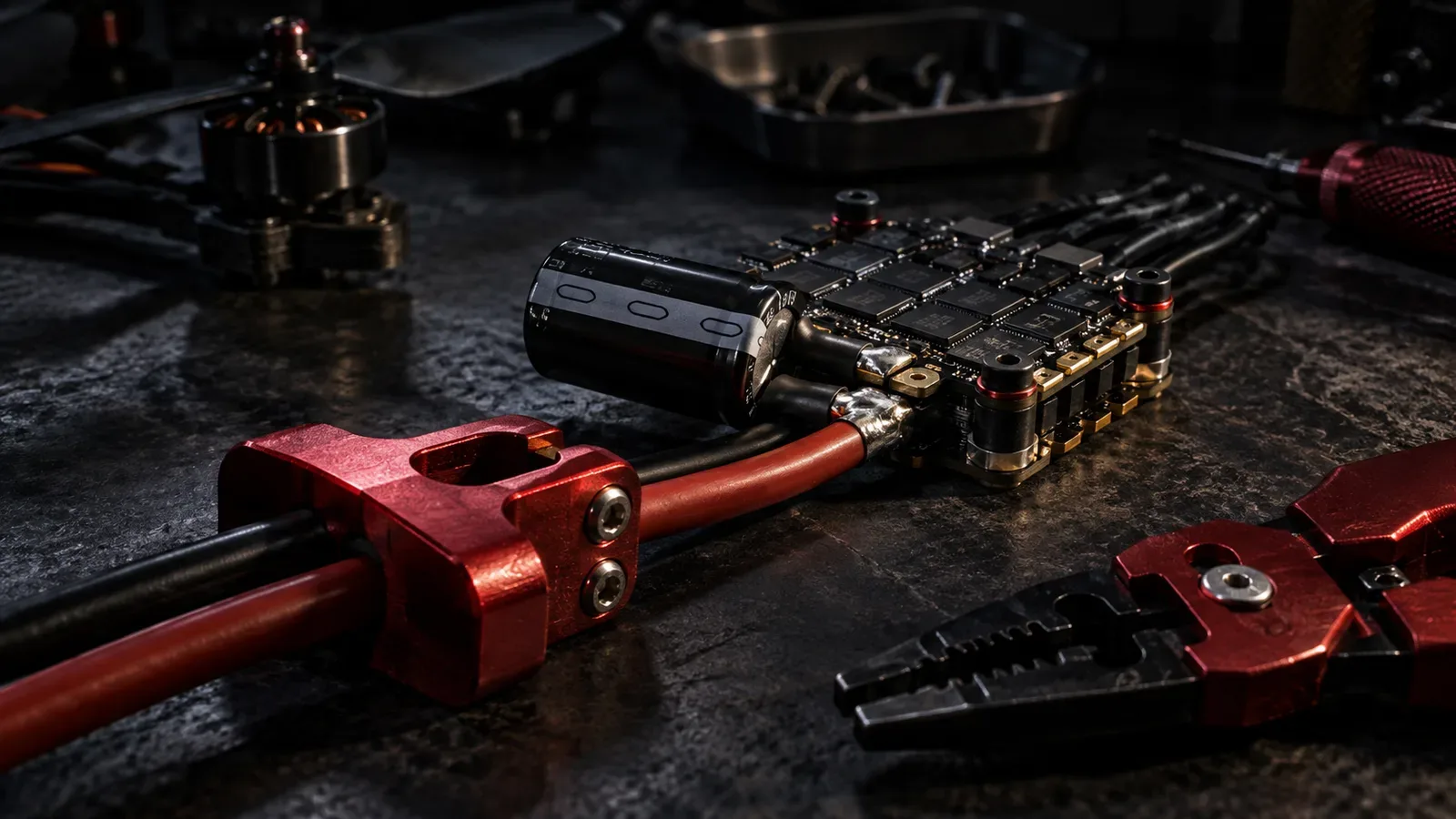Capacitor eletrolítico Panasonic FR Low ESR soldado a terminais de alimentação de ESC de drone FPV sobre bancada escura de engenharia