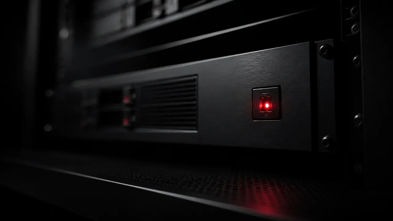 Módulo de hardware de gateway e telemetria de servidor em rack com cabos estruturados e indicador luminoso de verificação aceso em destaque