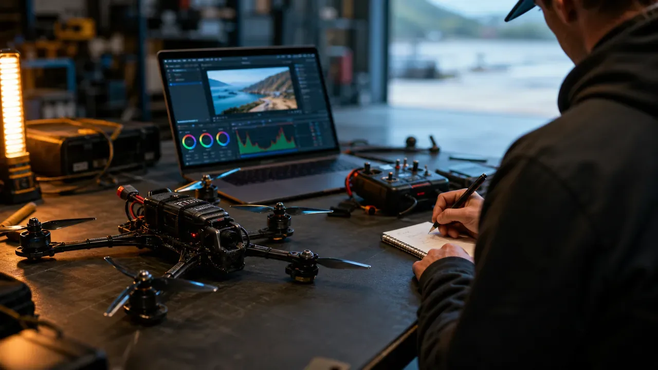 Piloto FPV preparando voo enquanto revisa o workflow de color grading no notebook ao lado