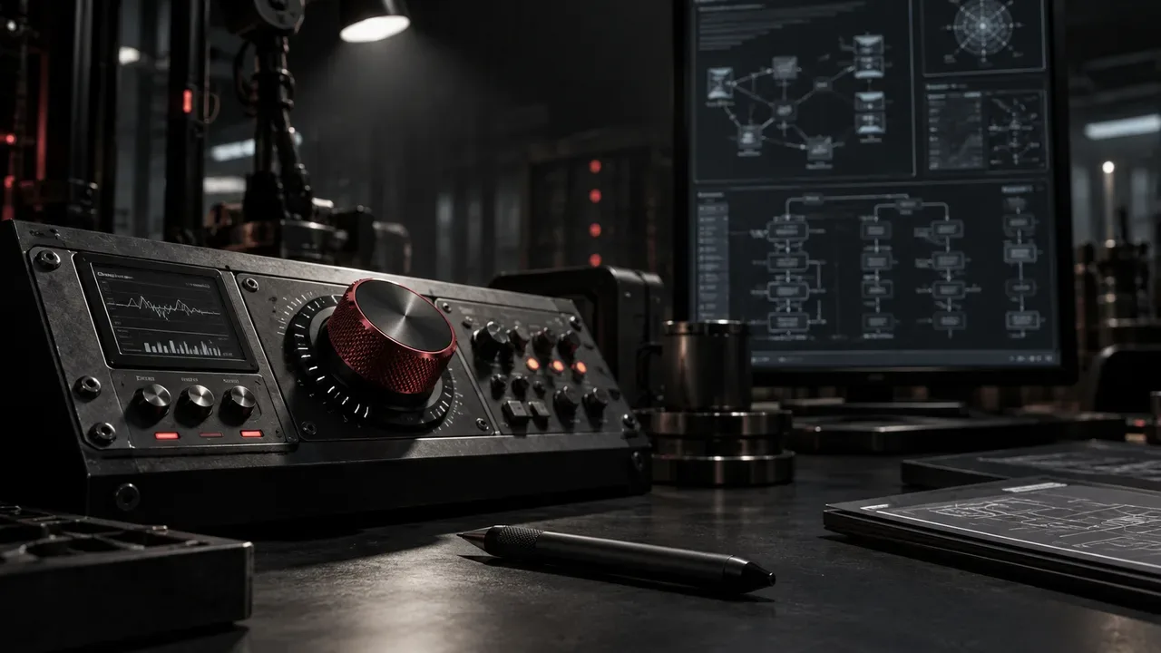 Terminal de engenharia com dashboard escuro e monitoramento de esteira de agentes e fluxos operacionais