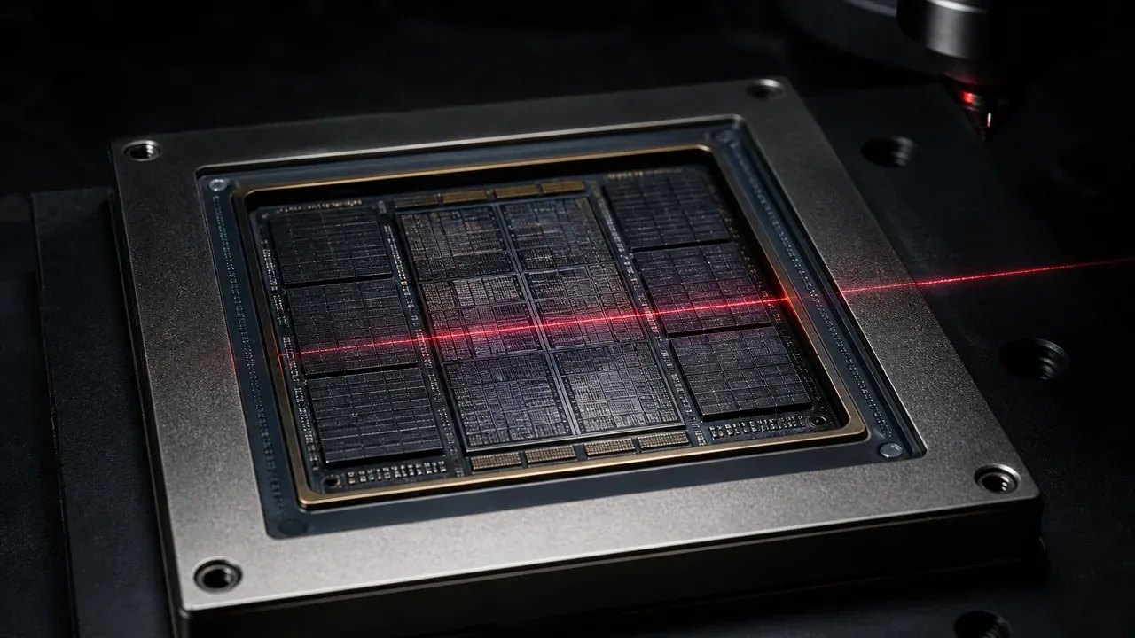 Close-up em substrato semicondutor de silício com módulos de processamento e feixe de alinhamento carmim demarcando a fronteira de agendamento