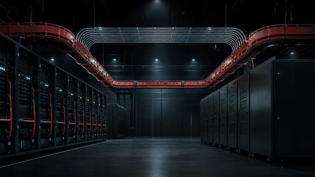 Dois clusters de servidores especializados conectados por canaleta industrial de cabeamento de fibra óptica com acento carmim
