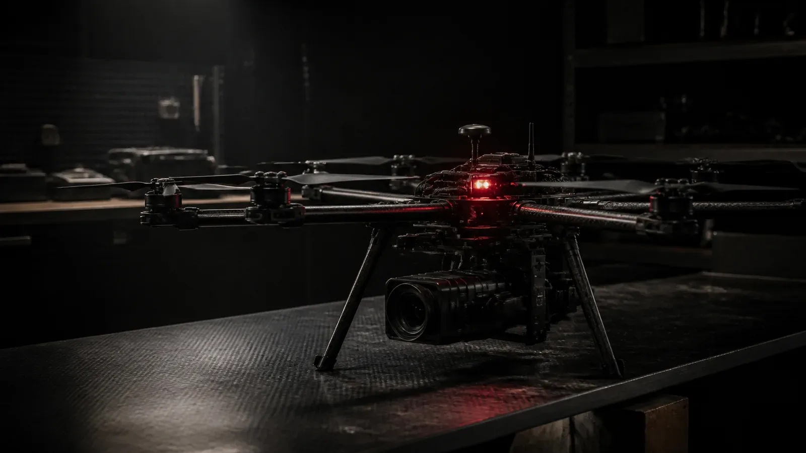 Drone Cinelifter octocopter X8 montado em bancada de fibra de carbono em estúdio com câmera de cinema RED Komodo-X e indicador LED vermelho de telemetria aceso
