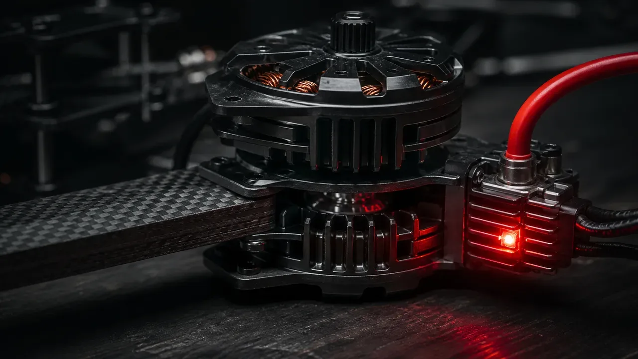 Visão em close do conjunto de motor brushless coaxial montado em braço de carbono com fiação de alimentação e dissipador térmico
