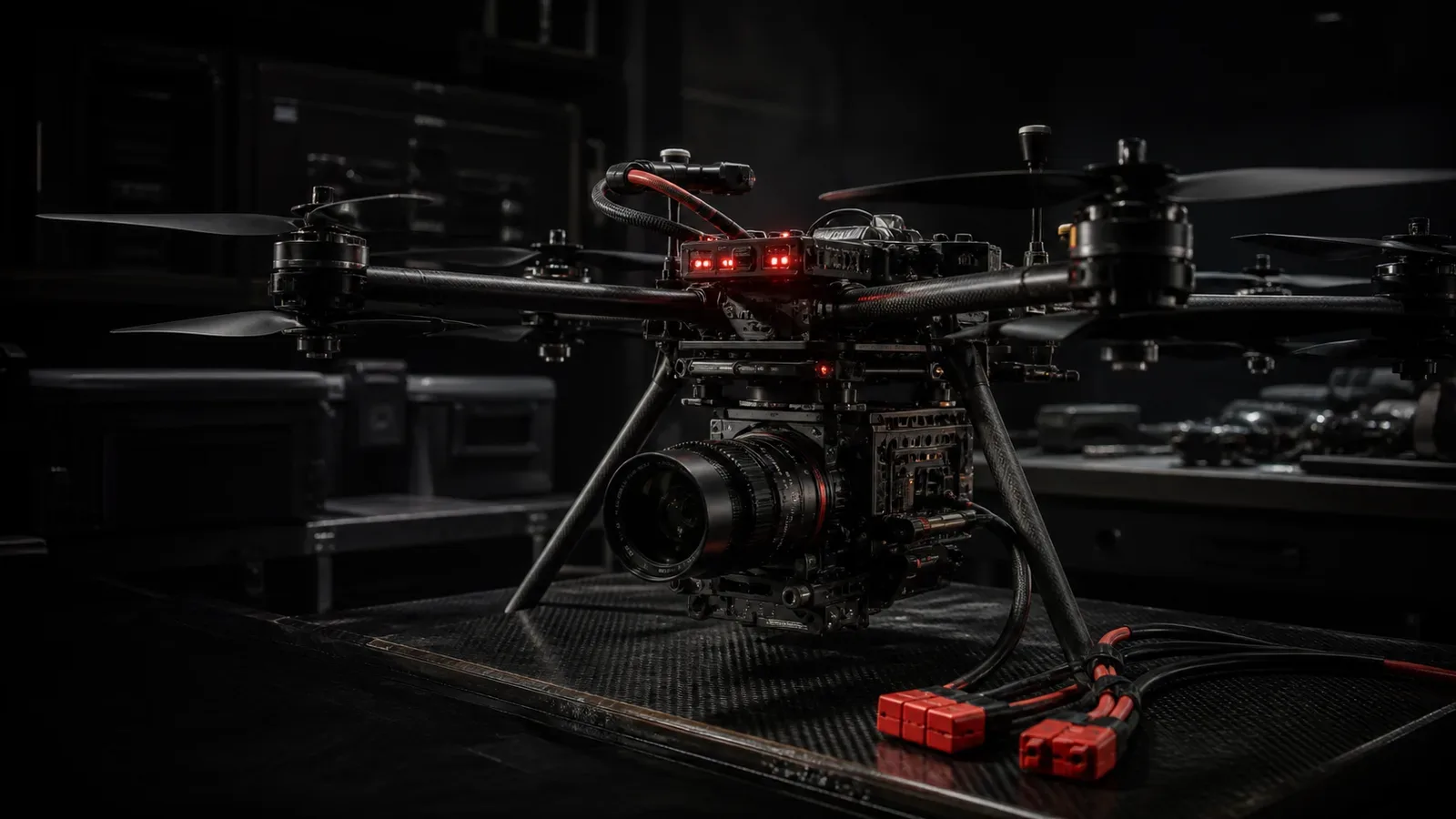 Drone cinelifter coaxial X8 em bancada de preparação com câmera de cinema montada e indicadores de telemetria visíveis