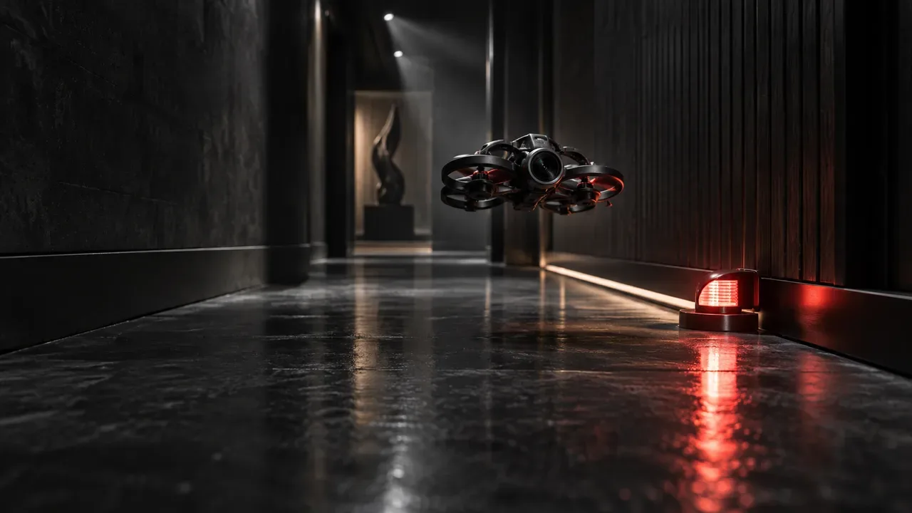 Drone cinewhoop pusher de 2 polegadas voando em corredor arquitetônico estreito sob iluminação dramática