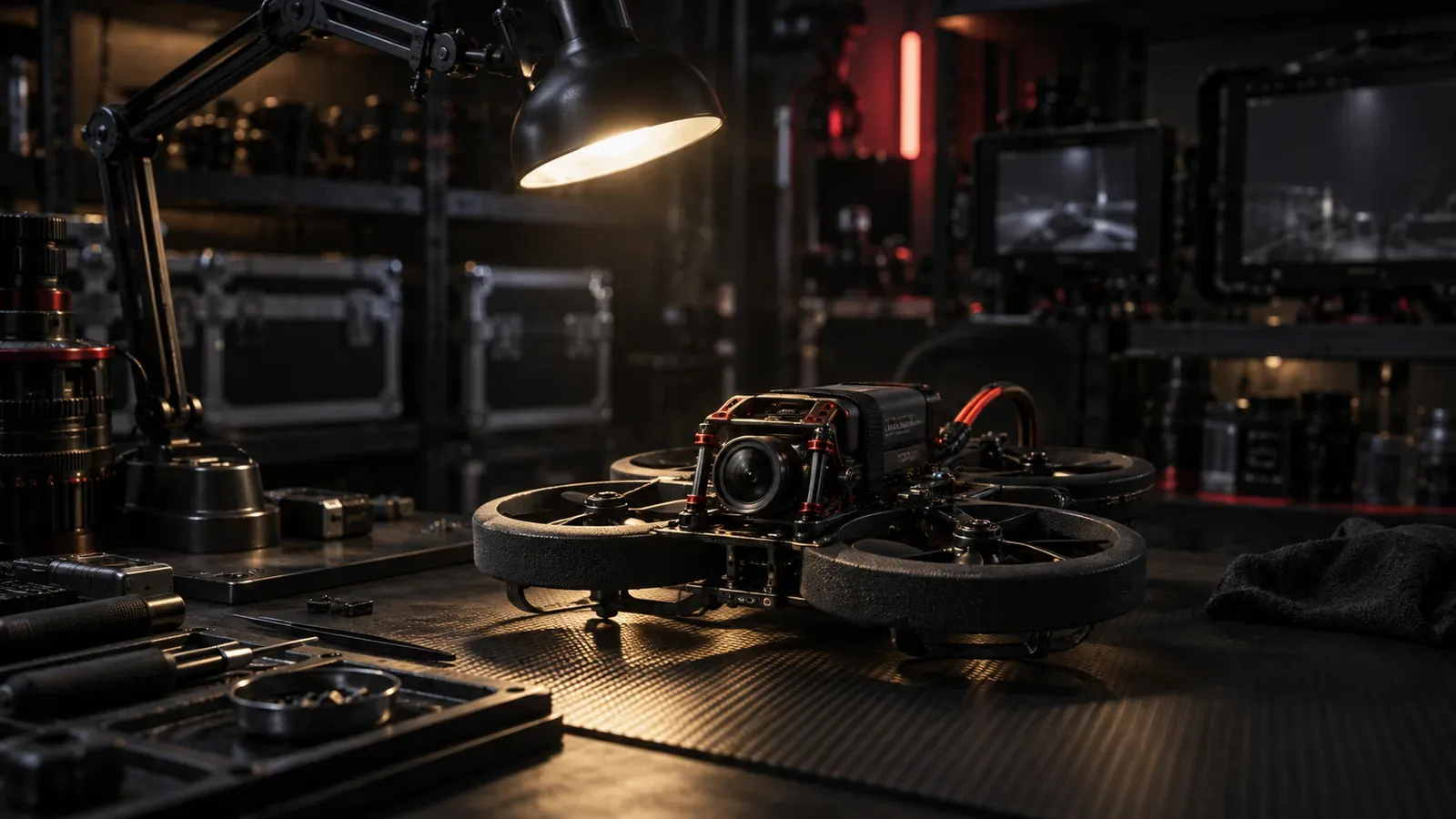 Cinewhoop pusher GEPRC CineLog20 com DJI O4 em bancada técnica de estúdio