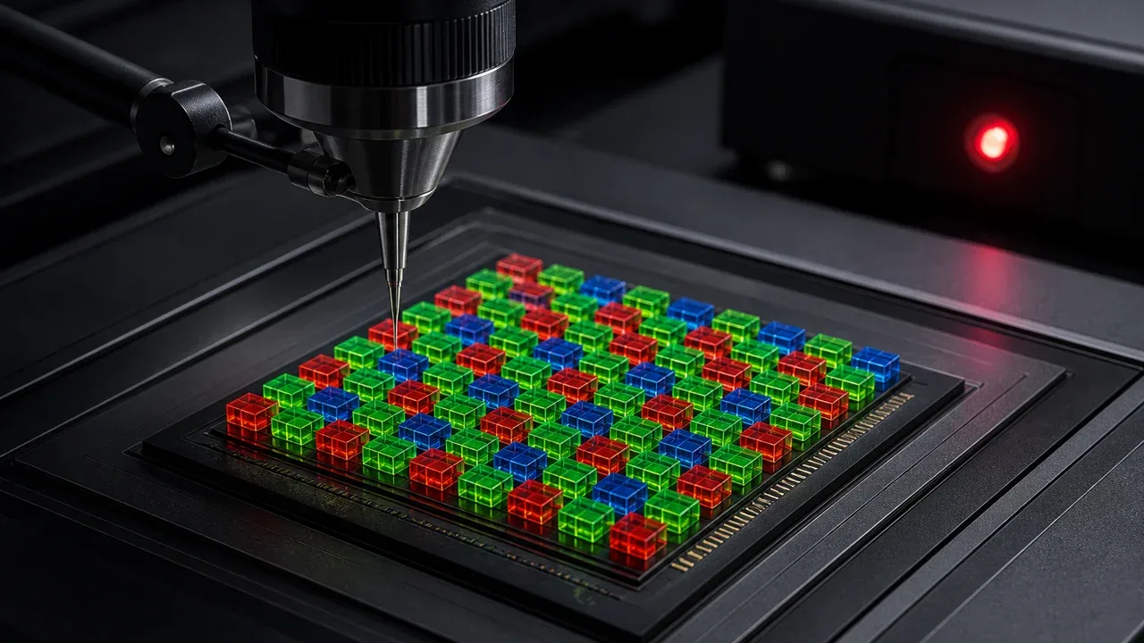 Visualização técnica tridimensional da matriz de filtros de cor Bayer RGGB com feixe de medição laser