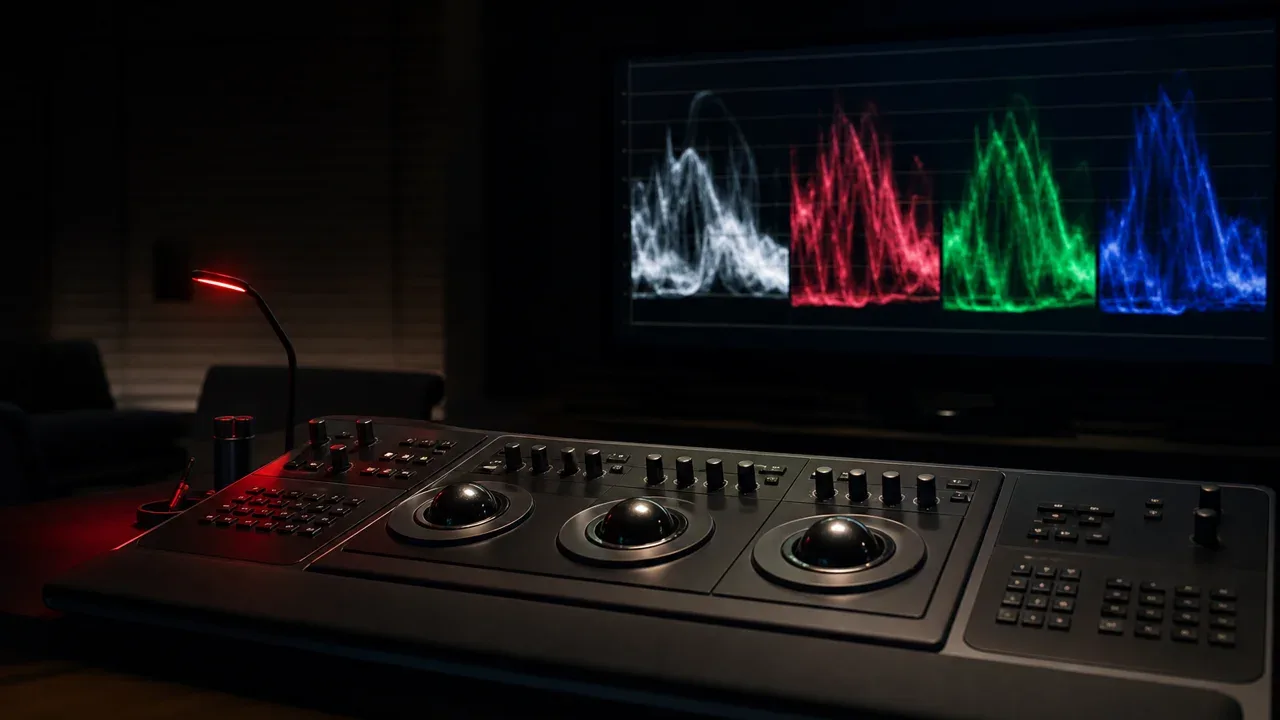 Mesa de gradação de cor de cinema com trackballs de controle físico e monitor de referência com waveform parade