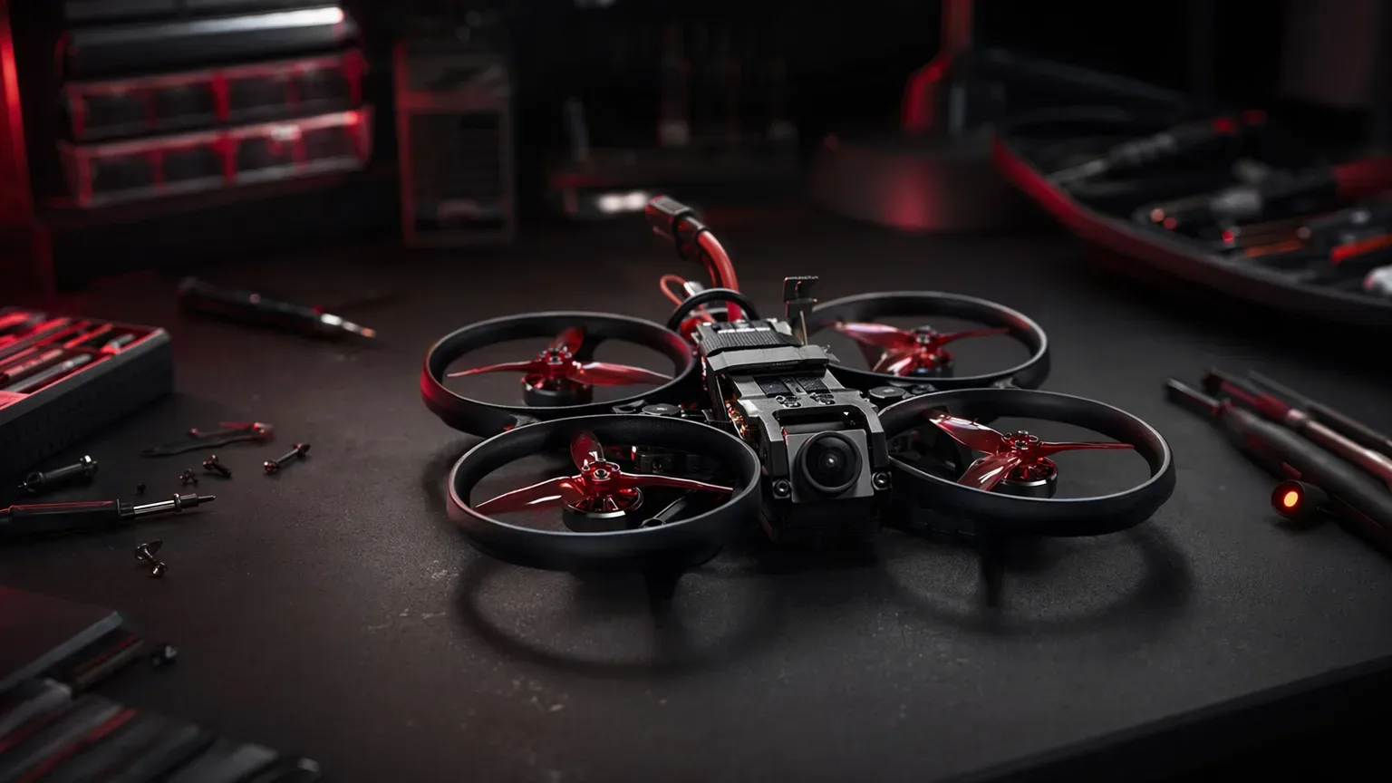 Cinewhoop 3 polegadas em bancada de operação, com ducts, luz baixa e acento vermelho cinematográfico