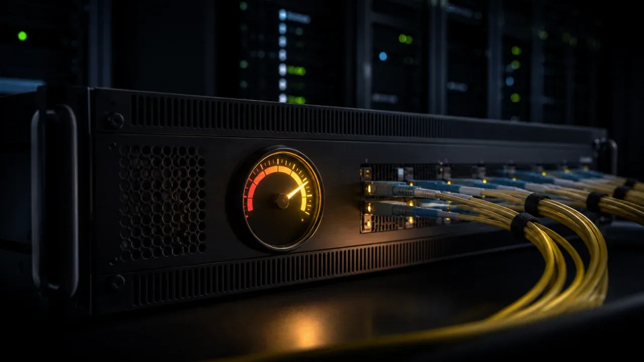 Controlador de tráfego de rede e rate limiting em bancada técnica com iluminação direcionada sob hardware preto