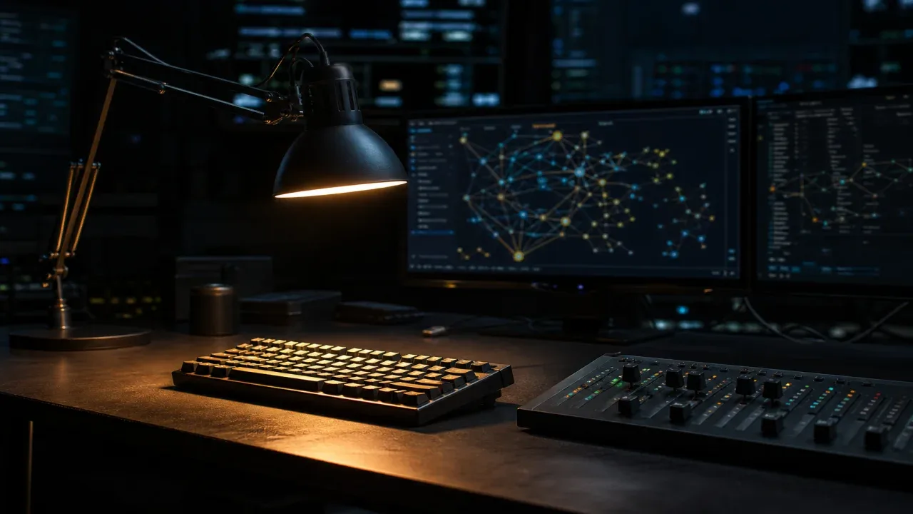 Estação de trabalho de engenharia de confiabilidade de software com monitores exibindo grafos de estado e telemetria
