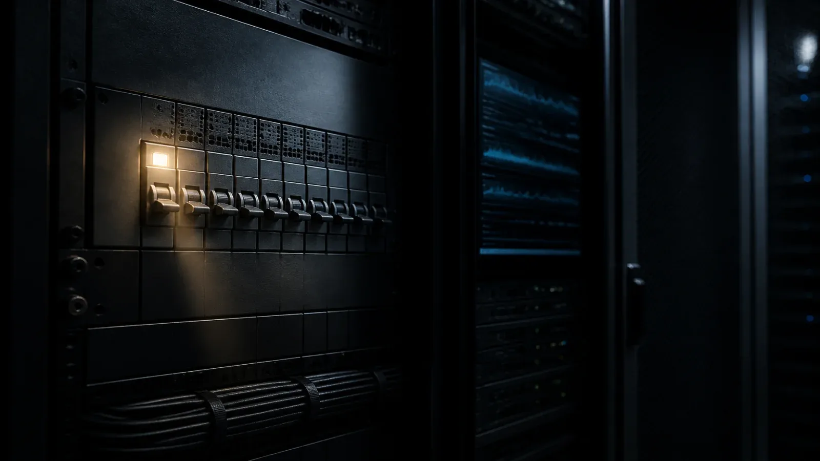Console de infraestrutura e racks com interruptores de disjuntor e módulos de monitoramento telemétrico em ambiente escuro