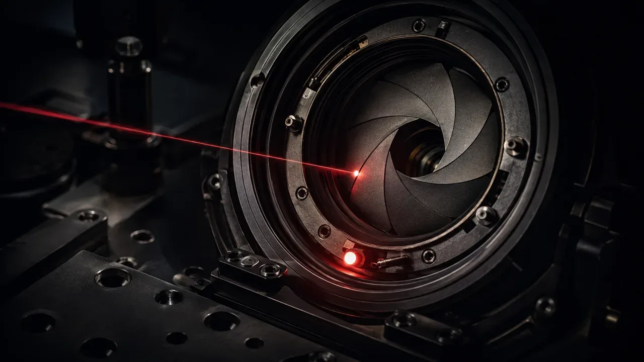 Macro da íris mecânica de lente prime cinematográfica com feixe alinhado e anéis metálicos expostos em bancada de montagem