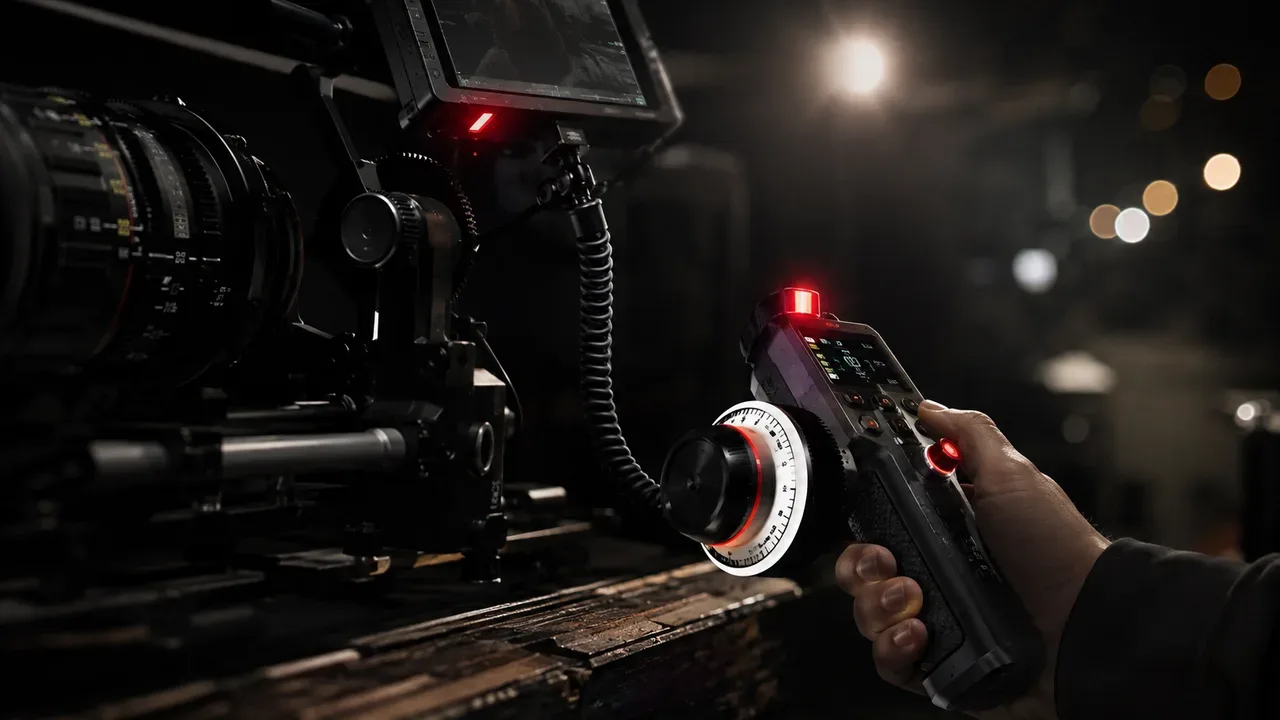 Unidade de foco sem fio em set noturno com visor telemétrico iluminado e indicador de distância focal