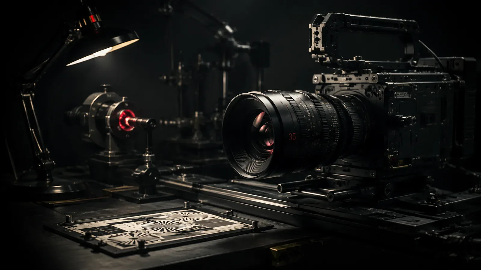 Lente prime de cinema em bancada técnica de calibração óptica com iluminação pontual sobre marcações de foco e escala milimétrica