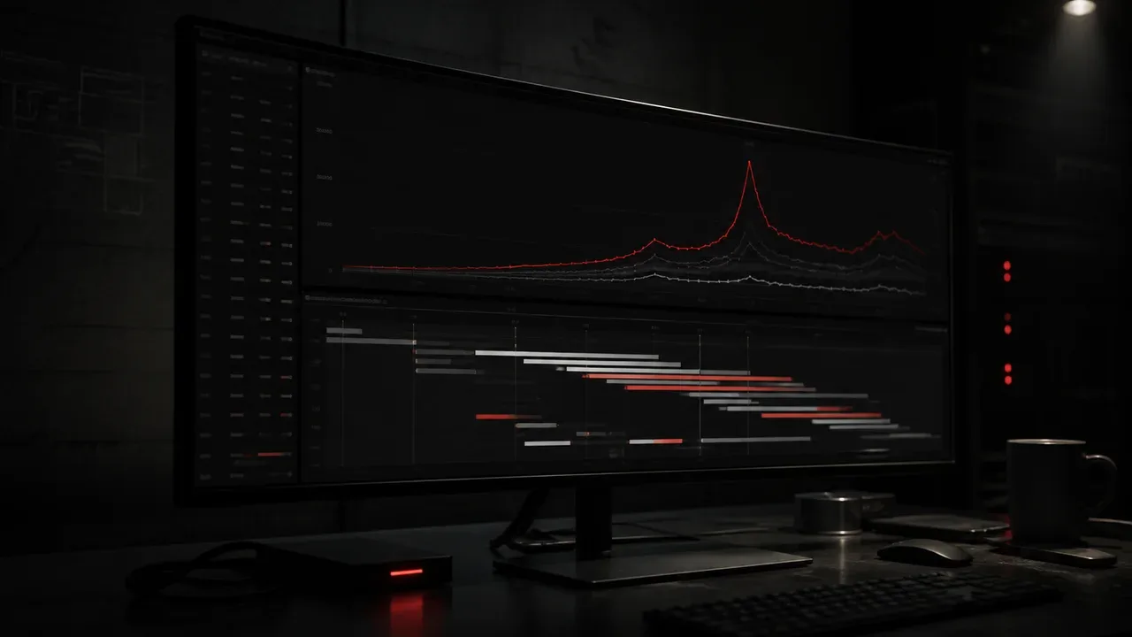 Sessão técnica de pair-programming com tela de observabilidade OpenTelemetry e métricas p95
